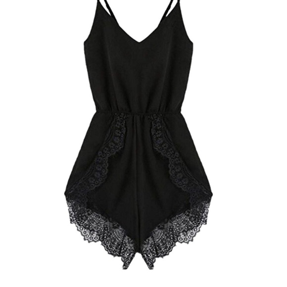Black Chiffon Lace V-Neck Romper - Picture 4 of 7